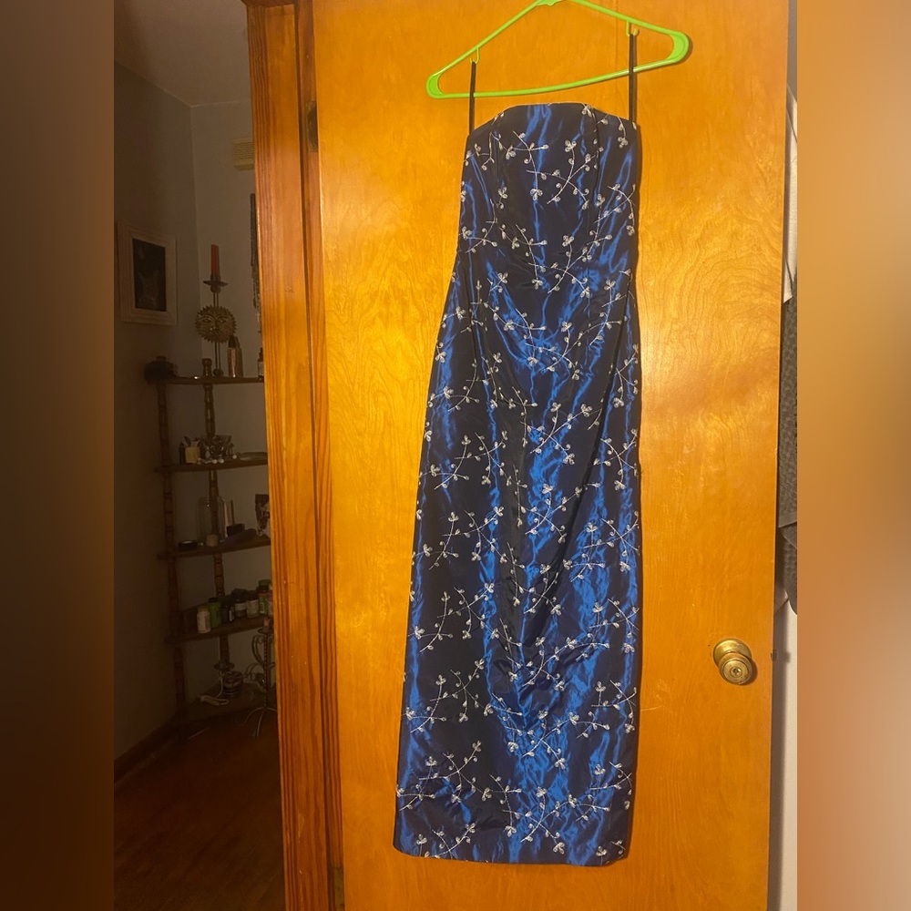 Vintage 90s tube strapless Elegant Blue Floral Dress